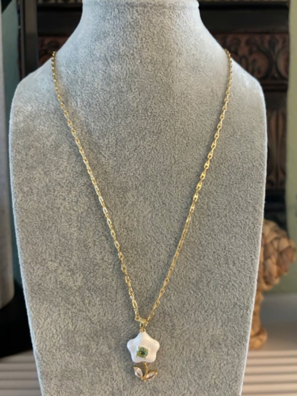 Bar by Alexa Rae White Flower Necklace on Gold Chain